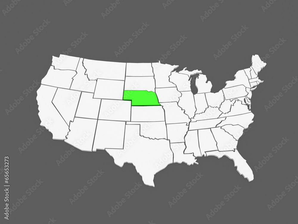 Three-dimensional map of Nebraska. USA.