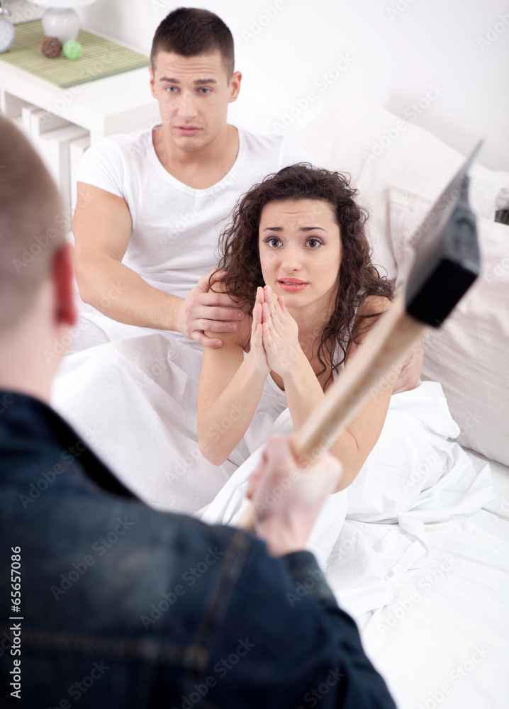 angry husband with hatchet caught cheating wife with lover Stock Photo Adobe Stock