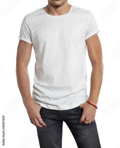 man wearing blank t-shirt. Isolated on white.