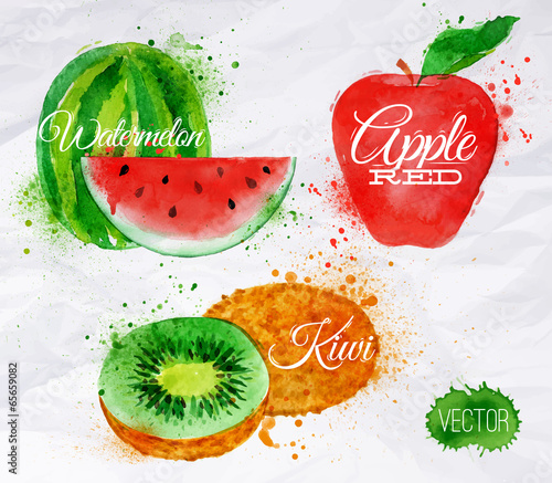 Fruit watercolor watermelon, kiwi, apple red