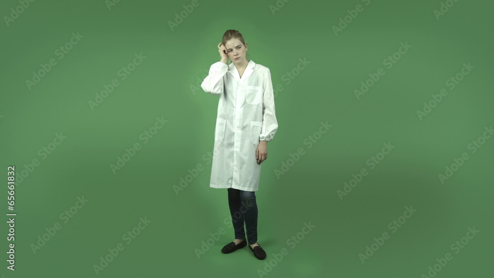 attractive caucasian girl with lab coat isolated on green attractive caucasian girl with lab coat isolated on green