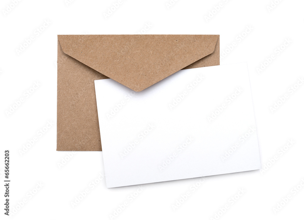 brown envelope with a blank white card over white - obrazy, fototapety, plakaty 