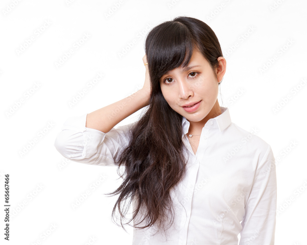 Asian woman with hand on head Asian woman with hand on head