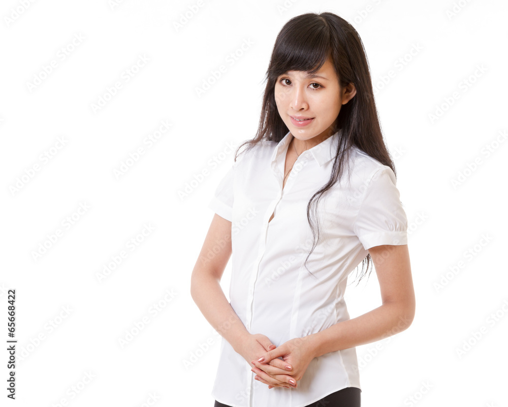 Asian woman in white shirt looking at camera Asian woman in white shirt looking at camera