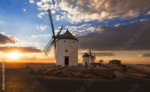 Windmills at sunset, Consuegra, Castile-La Mancha, Spain