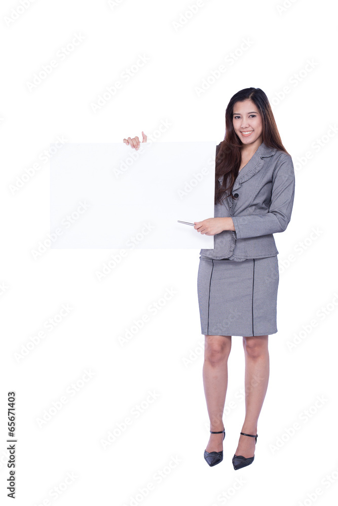 young business woman showing blank signboard young business woman showing blank signboard