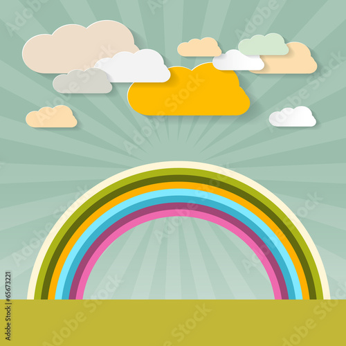 Rainbow and Clouds on Retro Background
