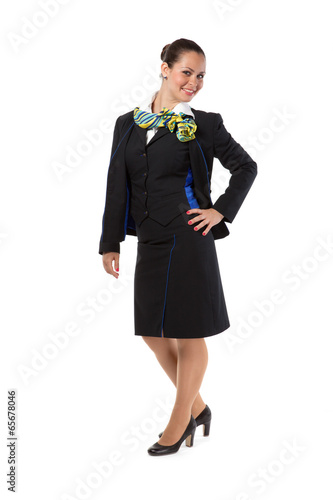 Full body flight attendant standing isolated on a white