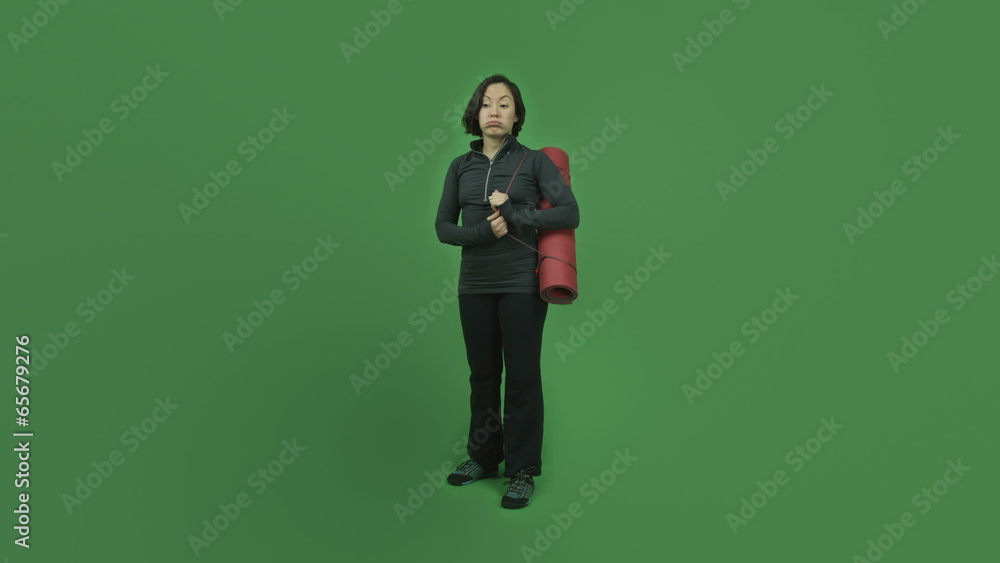 caucasian sporty girl isolated on green screen sad with yoga mat caucasian sporty girl isolated on green screen sad with yoga mat