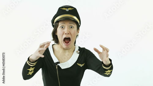 air hostess isolated on white scared screaming