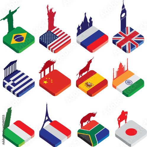 flat isometric 3d flag icons, famous world landmarks on white photo