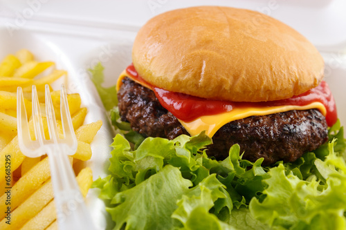 Burger with fries portion from fast food service