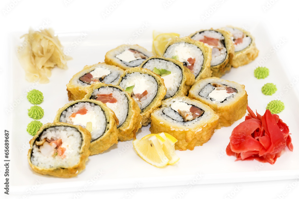 Japanese sushi fish and seafood on white background Japanese sushi fish and seafood on white background