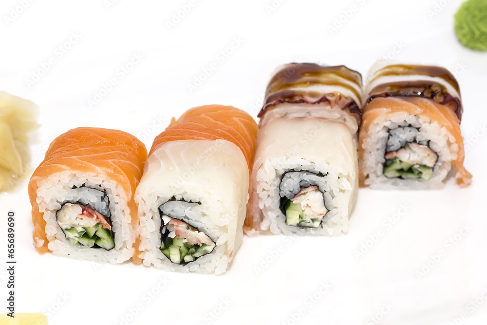 Japanese sushi fish and seafood on white background Japanese sushi fish and seafood on white background