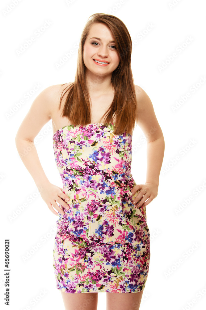 Summer fashion. Teenage girl in floral dress isolated Summer fashion. Teenage girl in floral dress isolated