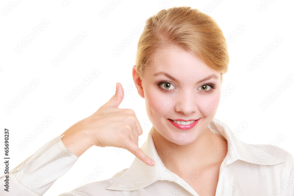 Phone. Businesswoman making call me gesture Phone. Businesswoman making call me gesture