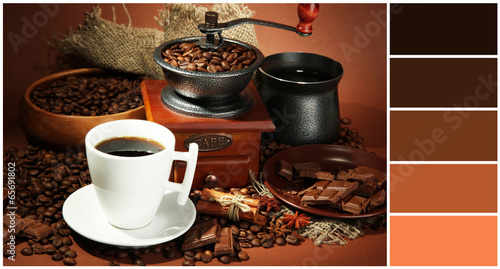 Foto Cup of coffee, grinder, turk and coffee beans