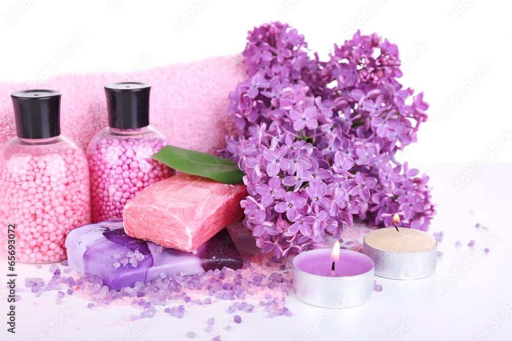Composition with spa treatment, towels and lilac flowers, Composition with spa treatment, towels and lilac flowers,