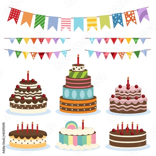 Colorful birthday banners and cakes