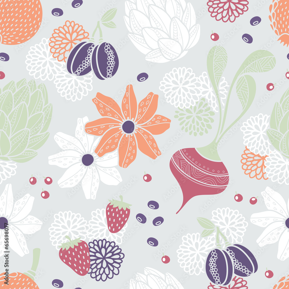 Flowers, vegetables and fruits seamless pattern