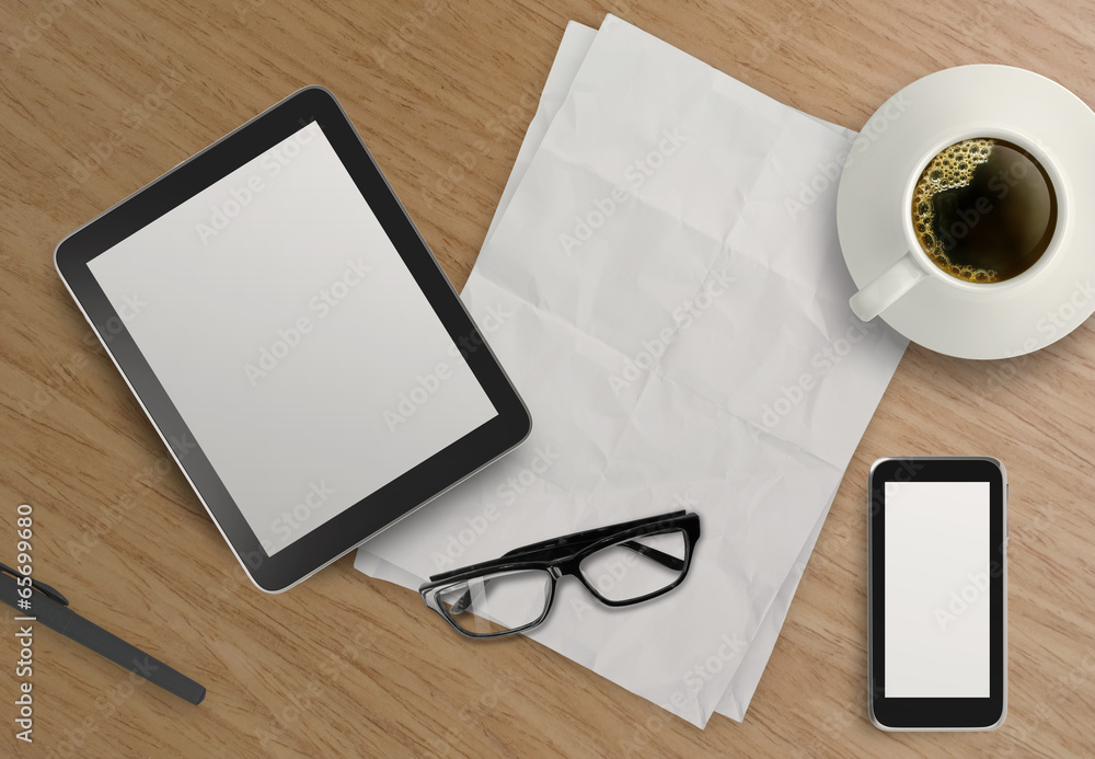 3d empty tablet with mobile phone and a cup of coffee on the woo 3d empty tablet with mobile phone and a cup of coffee on the woo
