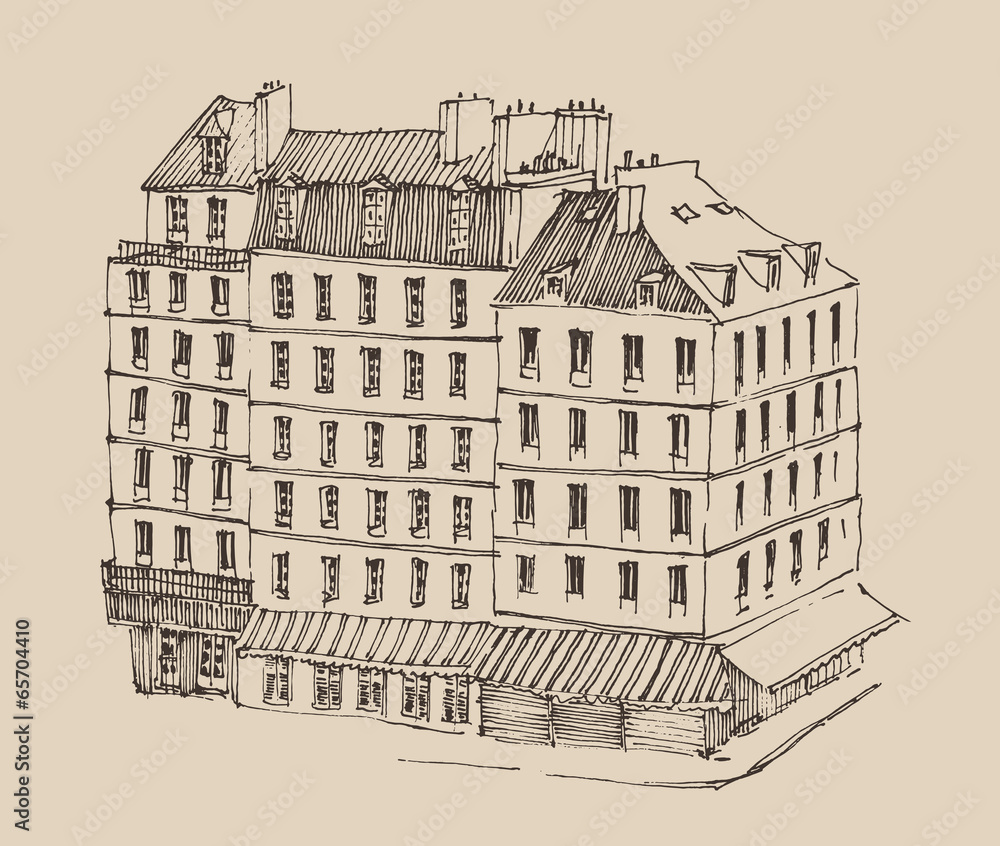 Paris France, city architecture, vintage engraved illustration