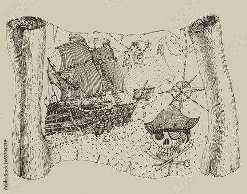 Island Treasure Map, engraved illustration, hand drawn