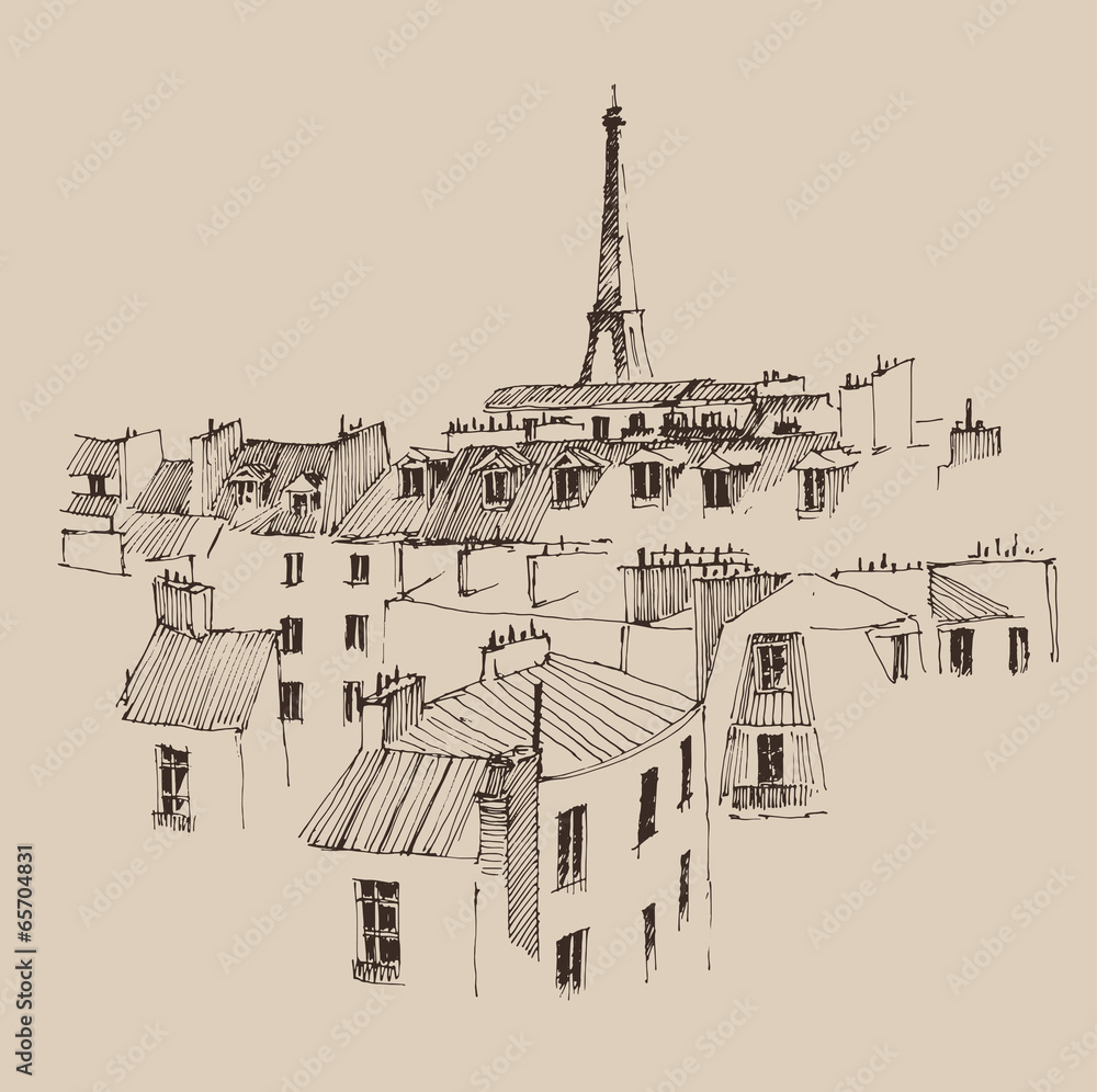 Fototapeta premium Eiffel Tower in Paris, city architecture, engraved illustration