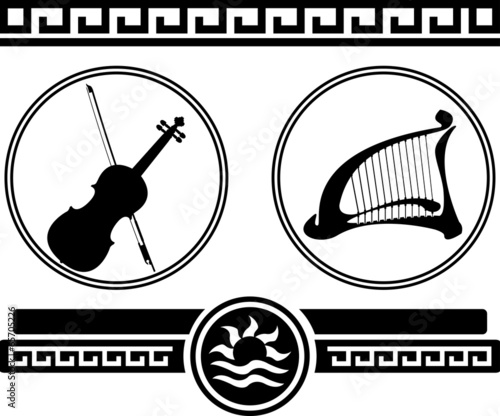 silhouettes of violin and ancient harp