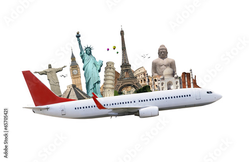 Canvas Print Travel the world monuments plane concept
