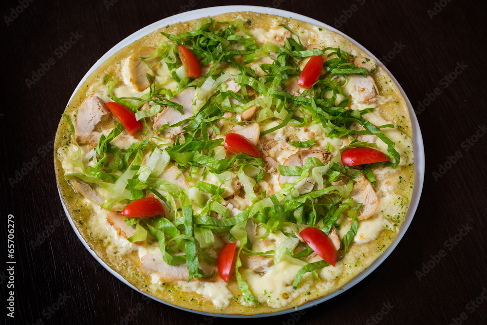 Appetizing pizza with meat of chicken Appetizing pizza with meat of chicken