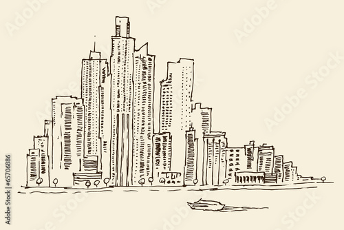 New York city architecture  vintage engraved illustration