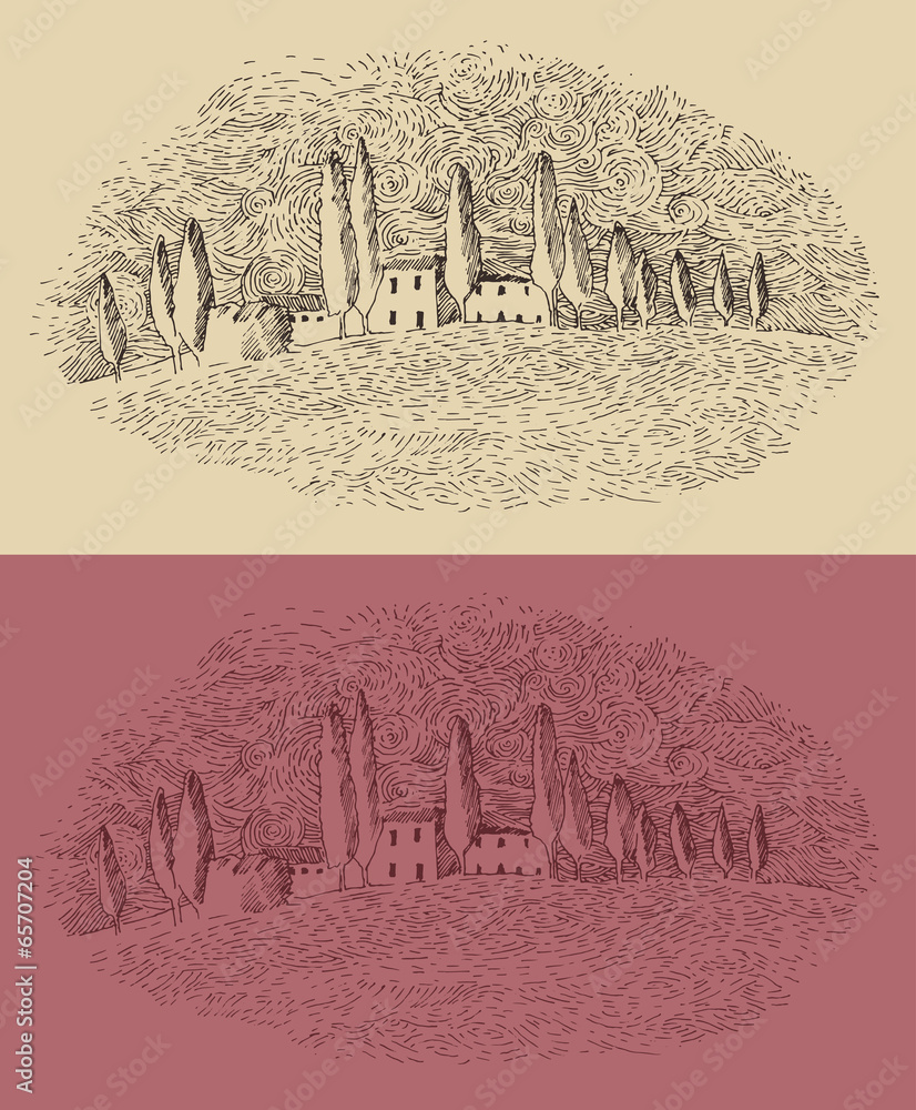 province, wine label design, architecture, engraved illustration