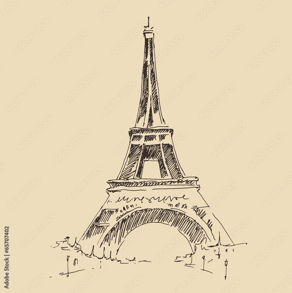 Eiffel Tower, Paris architecture, engraved illustration