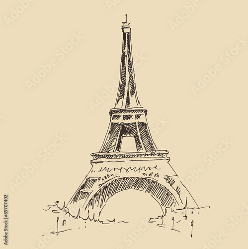 Fototapeta Naklejka Na Ścianę i Meble -  Eiffel Tower, Paris architecture, engraved illustration