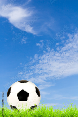 soccer ball on green grass with blue sky background
