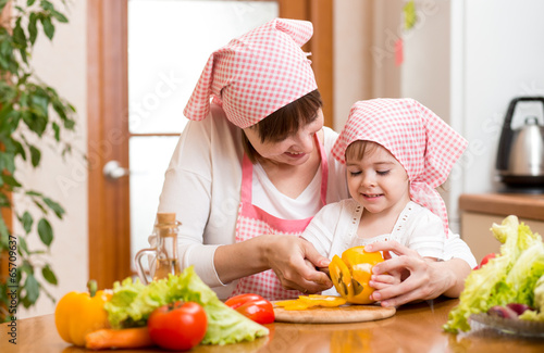 mother and kid girl preparing food to lunch