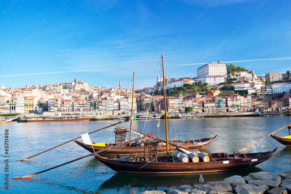 traditional boats with wine barrels, old Porto, Portugal