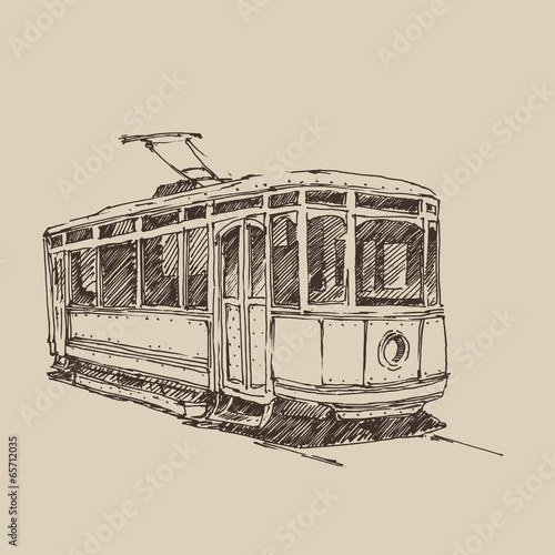 vintage tram, engraved illustration, hand drawn