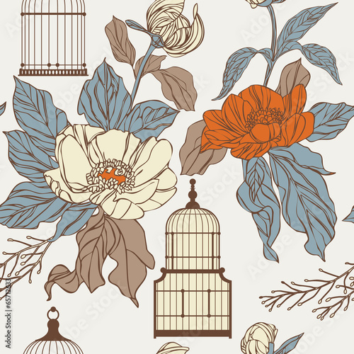 Pattern with birdcages and leaves