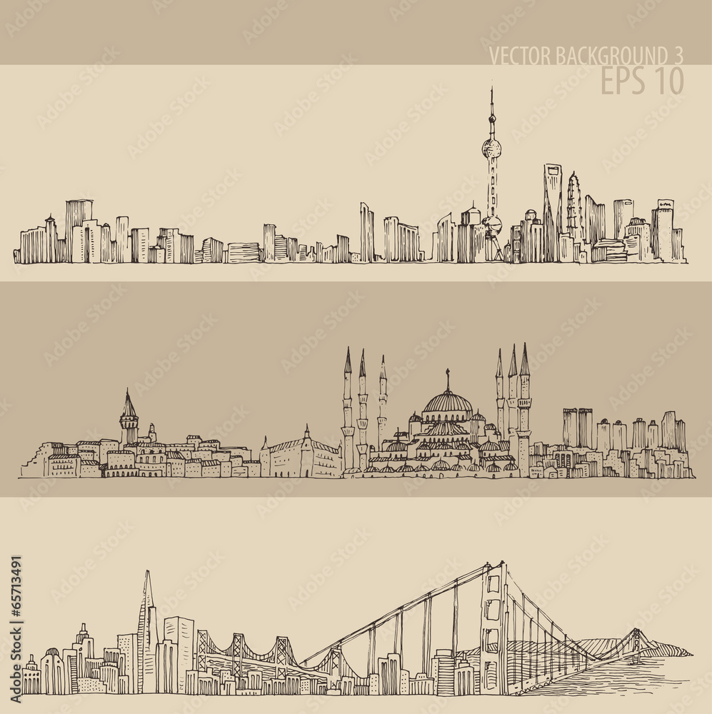 Shanghai, Istanbul, San Francisco, engraved illustration - obrazy, fototapety, plakaty 