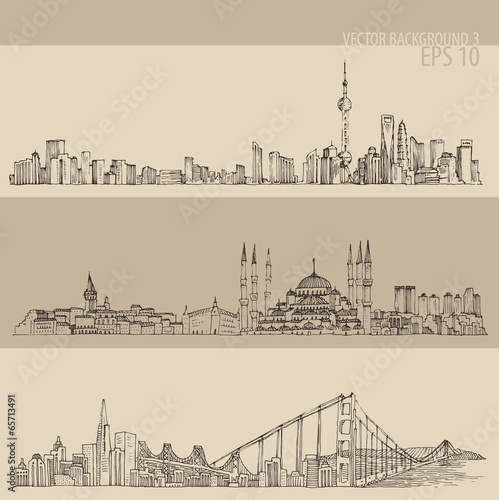 Shanghai, Istanbul, San Francisco, engraved illustration