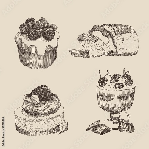 sweet cupcakes vintage illustration, engraved style