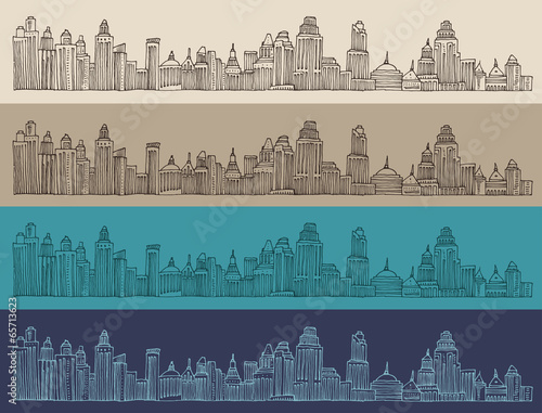 big city, architecture, engraved illustration, hand drawn