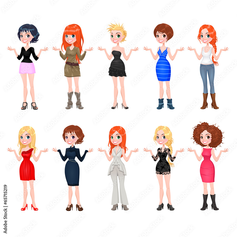 Women with different dresses, clothes and shoes. Women with different dresses, clothes and shoes.