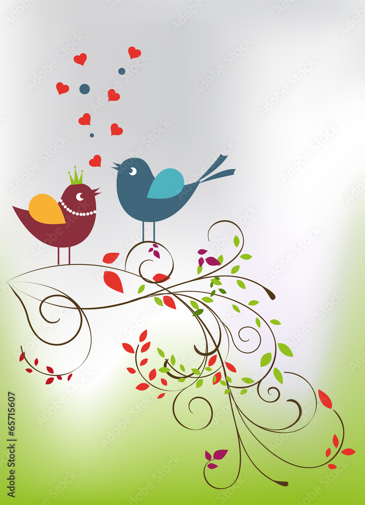 Cute cartoon birds on flowers in vector