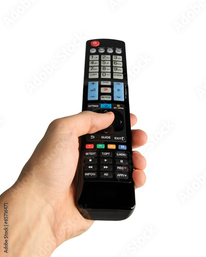 Male hand holding tv remote control isolated on white