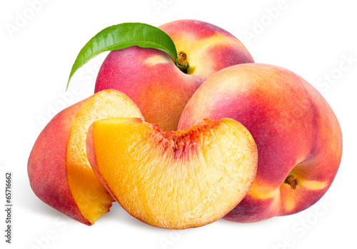 Peach. Fruits with leaf isolated on white background