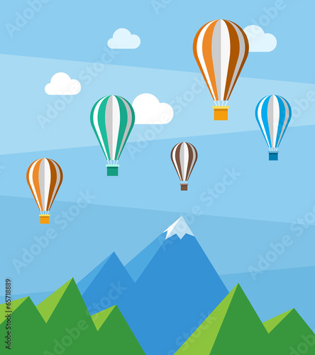 Vector flat nature scene with mountains and air balloons