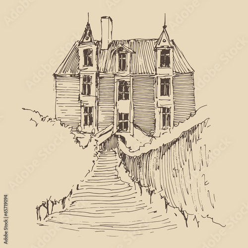 old house, village, architecture, engraved illustration